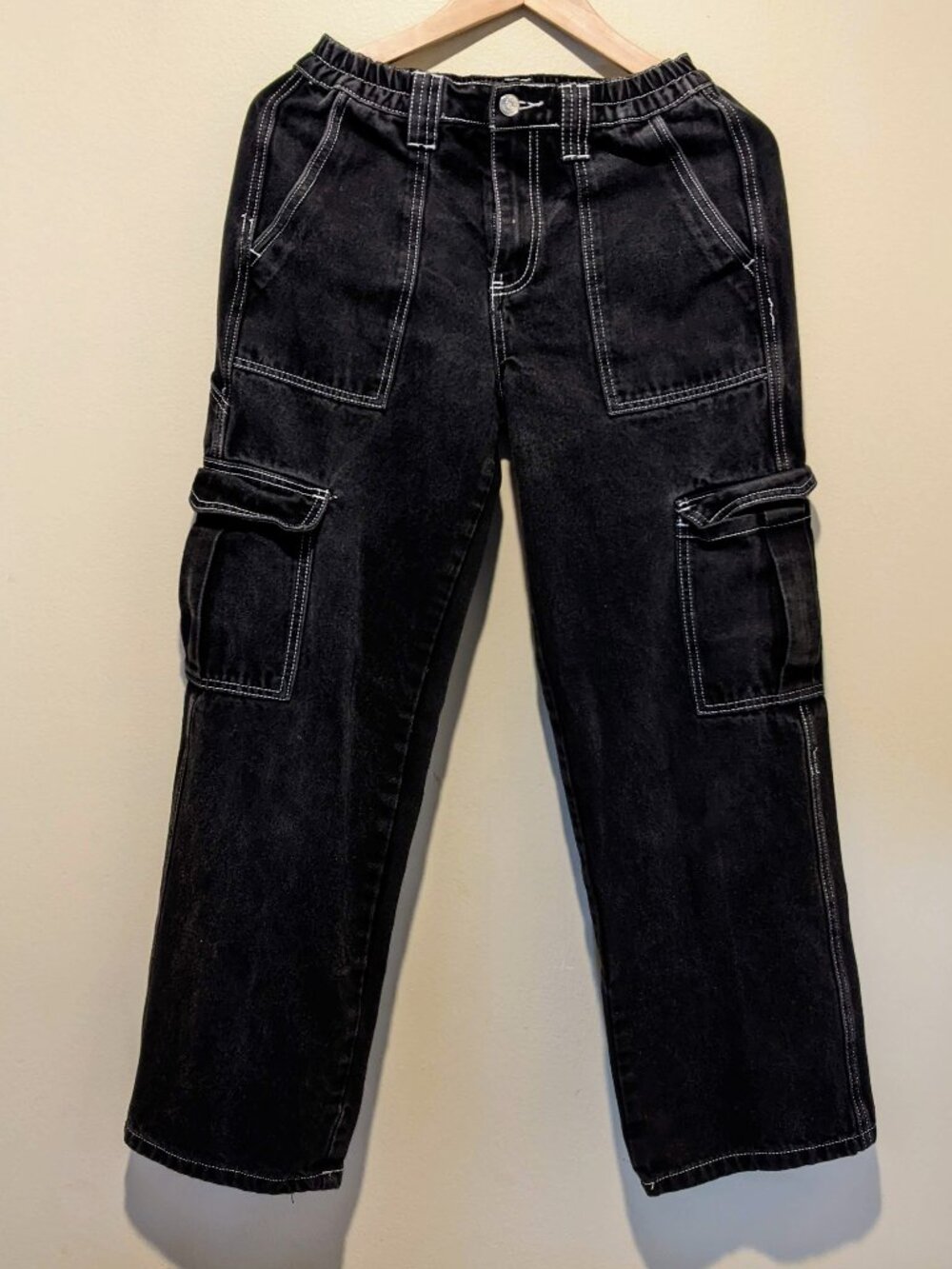 Simple Society Black Cargo Jeans Contrast Stitching Skater Wide Leg Size 26/3